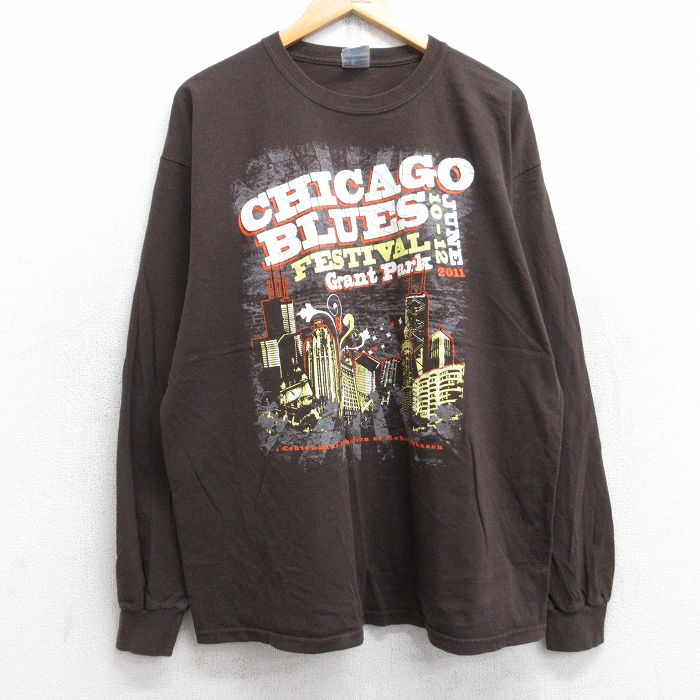 XL★古着 長袖 ロック バンド Tシャツ メンズ シカゴブルースフェスティバル 大きいサイズ コットン クルーネック 茶 ブラウン 25sep03 中古