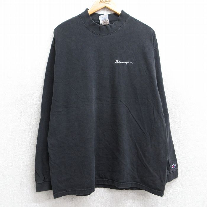 XL★古着 チャンピオン Champion 長袖 ビンテージ Tシャツ メンズ 00年代 00s ワンポイントロゴ コットン モックネック ハイネック 黒 ブラック 25sep03 中古