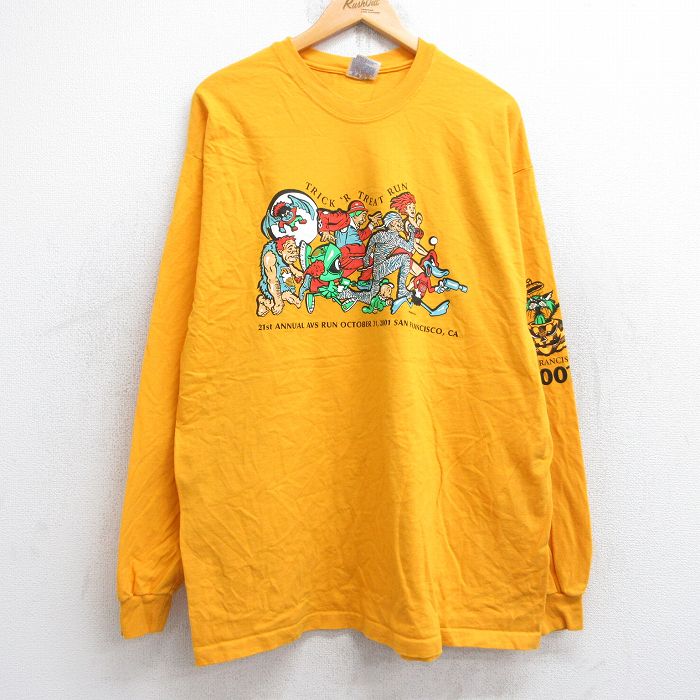XL★古着 ヘインズ Hanes 長袖 ビンテージ Tシャツ メンズ 00年代 00s マラソン ゾンビ 大きいサイズ コットン クルーネック 濃緑 グリーン 25sep03 中古