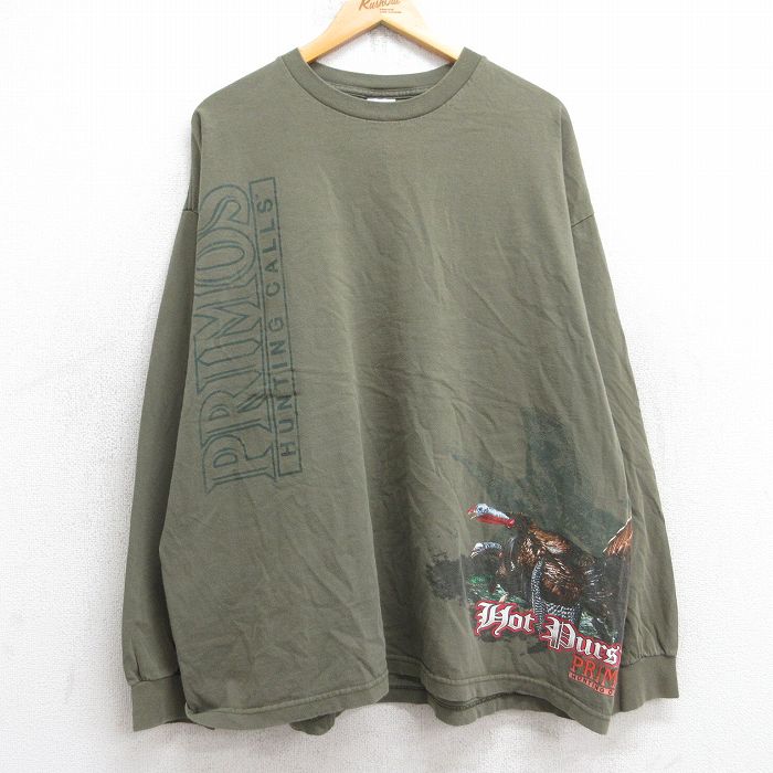 【20%OFF】XL★古着 長袖 ビンテージ Tシャツ メンズ 00年代 00s 鳥 PRIMOS ハンティング 大きいサイズ コットン クルーネック 濃緑 グリーン 25sep03 中古