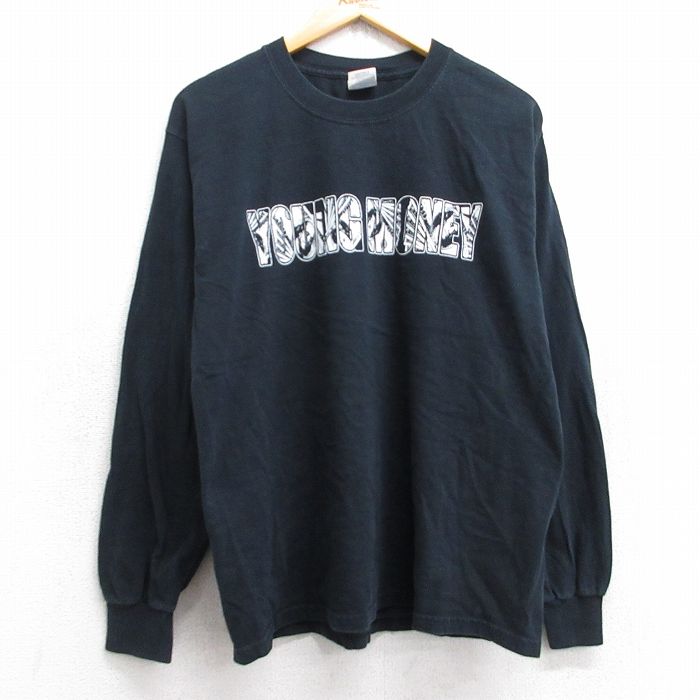 L★古着 長袖 ビンテージ Tシャツ メンズ 00年代 00s YOUNG MONEY コットン クルーネック 黒 ブラック 25sep03 中古