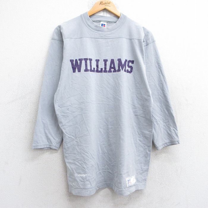 L★古着 ラッセル 長袖 ビンテージ フットボール Tシャツ メンズ 90年代 90s WILLIAMS コットン クルーネック USA製 グレー 25sep03 中古