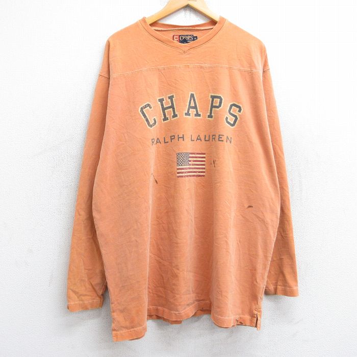 XL★古着 ラルフローレン Ralph Lauren チャップス 長袖 ビンテージ ブランド フットボール Tシャツ メンズ 90年代 90s ビッグロゴ 星条旗 大きいサイズ ロング丈 コットン Vネック USA製 オレンジ 25sep03 中古