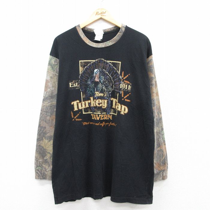 【20%OFF】XL★古着 長袖 ビンテージ Tシャツ メンズ 00年代 00s 鳥 Turkey Tap ツートンカラー ロング丈 コットン クルーネック 黒他 ブラック 25sep03 中古