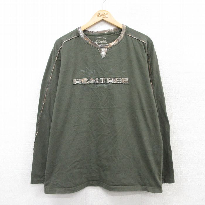 XL★古着 長袖 Tシャツ メンズ リアルツリー ラグラン 大きいサイズ コットン クルーネック 濃緑 グリーン 25sep03 中古