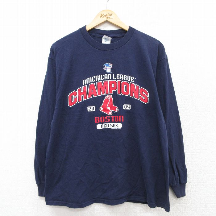 L★古着 長袖 ビンテージ Tシャツ メンズ 00年代 00s MLB ボストンレッドソックス コットン クルーネック 紺 ネイビー メジャーリーグ ベースボール 野球 25sep03 中古