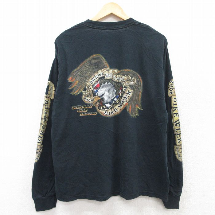 XL★古着 長袖 ビンテージ Tシャツ メンズ 00年代 00s 鳥 バイクウィーク 大きいサイズ コットン クルーネック 黒 ブラック 25sep03 中古