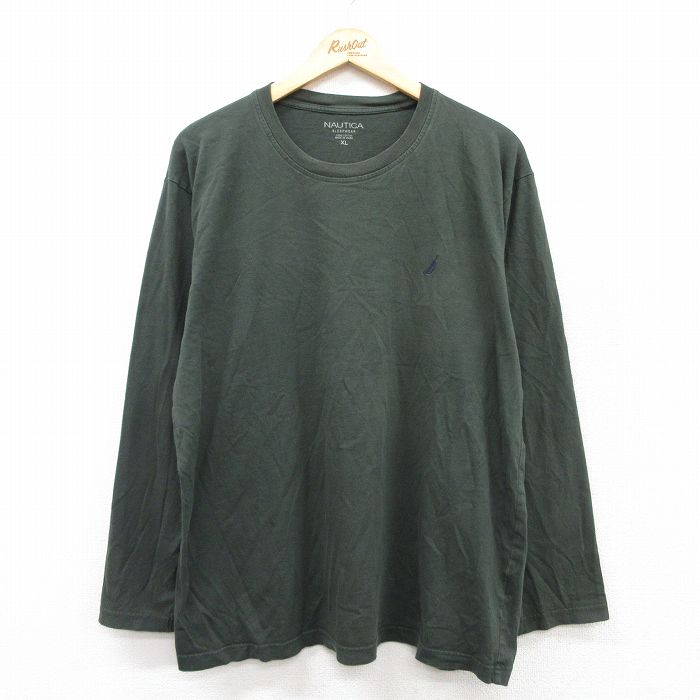 XL★古着 ノーティカ NAUTICA 長袖 ブランド Tシャツ メンズ ワンポイントロゴ 大きいサイズ コットン クルーネック 濃緑 グリーン 25sep03 中古