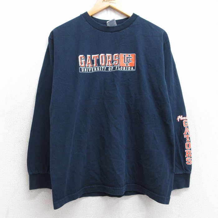 M★古着 長袖 ビンテージ Tシャツ メンズ 00年代 00s フロリダゲイターズ 大学 コットン クルーネック 紺 ネイビー 25sep03 中古