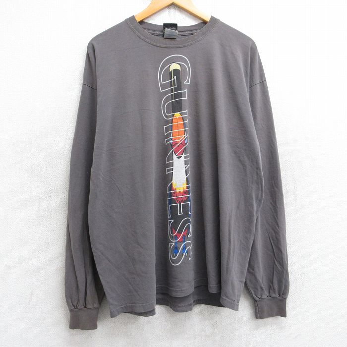 XL★古着 長袖 ビンテージ Tシャツ メンズ 00年代 00s ギネスビール 鳥 両面プリント 大きいサイズ コットン クルーネック 濃グレー 25sep03 中古