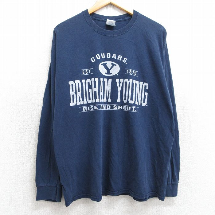 L★古着 長袖 ビンテージ Tシャツ メンズ 00年代 00s ブリガムヤング コットン クルーネック 紺 ネイビー 25sep03 中古