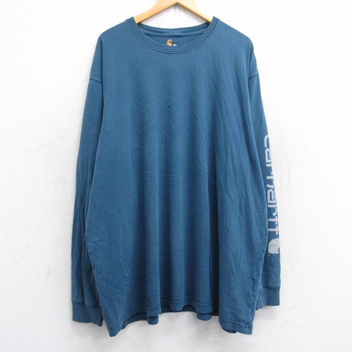 【20%OFF】XL★古着 カーハート Carhartt 長袖 Tシャツ メンズ ビッグロゴ ロング丈 大きいサイズ コットン クルーネック 紺系 ネイビー 25sep03 中古