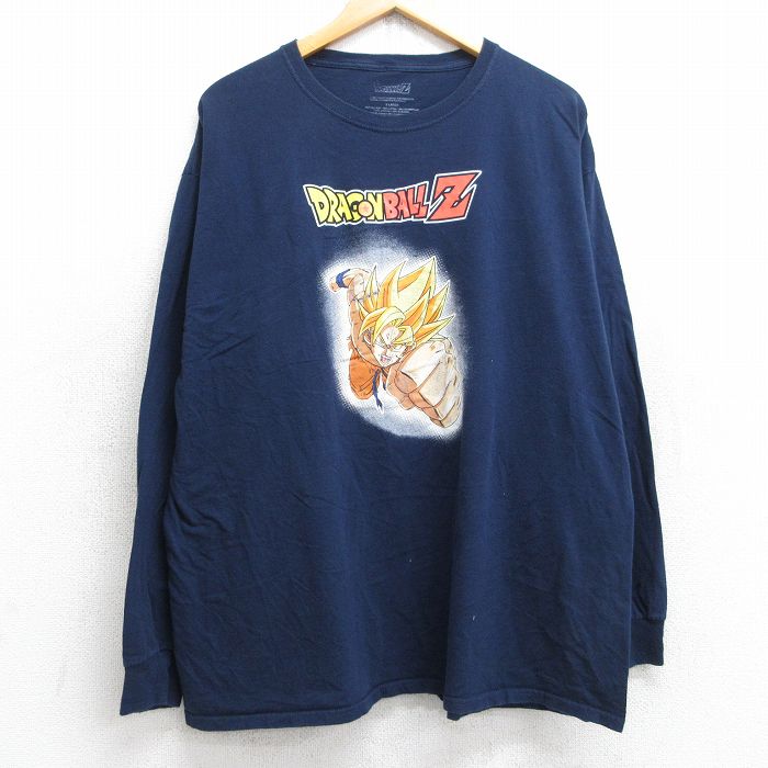 XL★古着 長袖 Tシャツ メンズ アニメ ドラゴンボールZ 孫悟空 大きいサイズ コットン クルーネック 紺 ネイビー 25sep03 中古