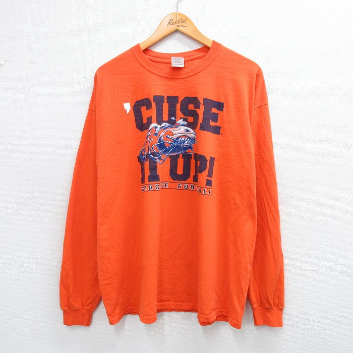 【20%OFF】XL★古着 長袖 ビンテージ Tシャツ メンズ 00年代 00s シラキュース フットボール 大きいサイズ コットン クルーネック オレンジ 25sep04 中古