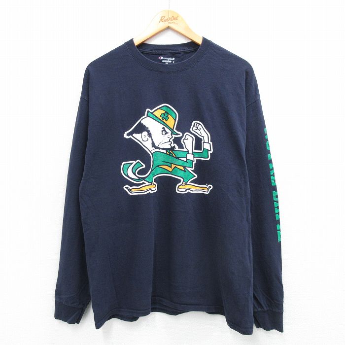 XL★古着 チャンピオン champion 長袖 Tシャツ メンズ ノートルダム アイリッシュ クルーネック 紺 ネイビー 25sep04 中古