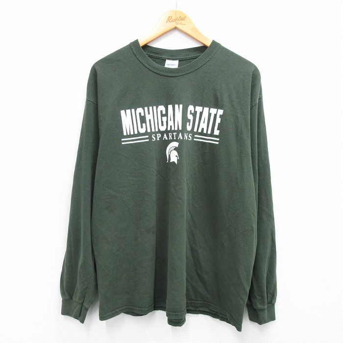 XL★古着 長袖 ビンテージ Tシャツ メンズ 00年代 00s ミシガンステートスパルタンズ コットン クルーネック 緑 グリーン 25sep04 中古