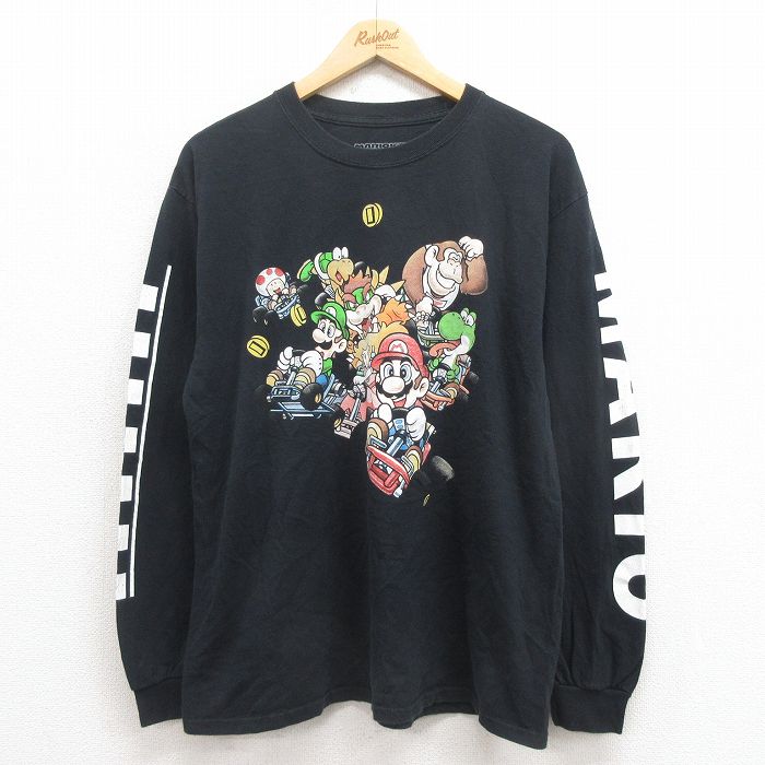 L★古着 長袖 Tシャツ メンズ ゲーム ニンテンドー マリオカート コットン クルーネック 黒 ブラック 25sep04 中古