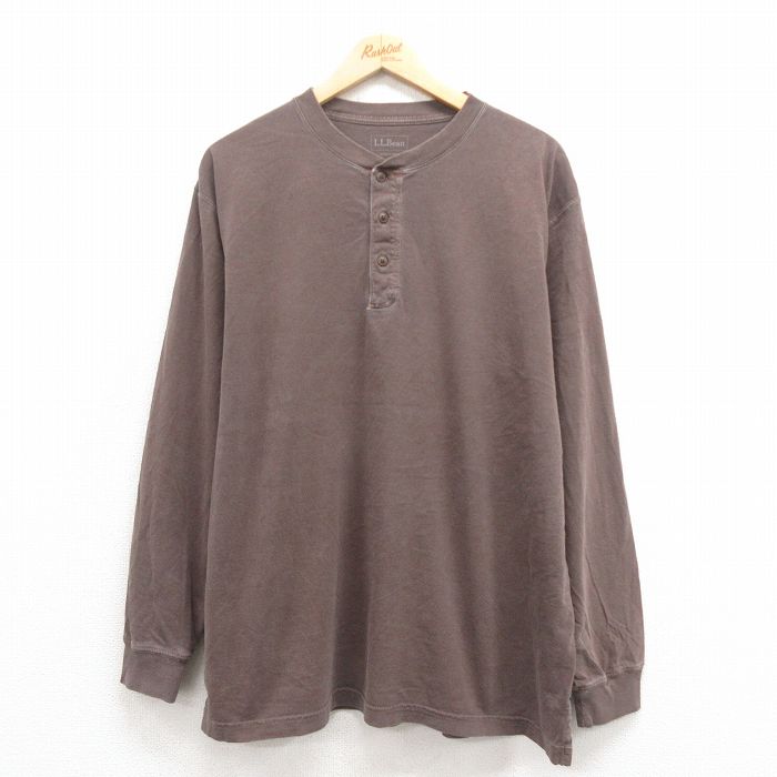 XL★古着 エルエルビーン LLBEAN 長袖 Tシャツ メンズ 無地 大きいサイズ コットン ヘンリーネック 茶 ブラウン 25sep04 中古