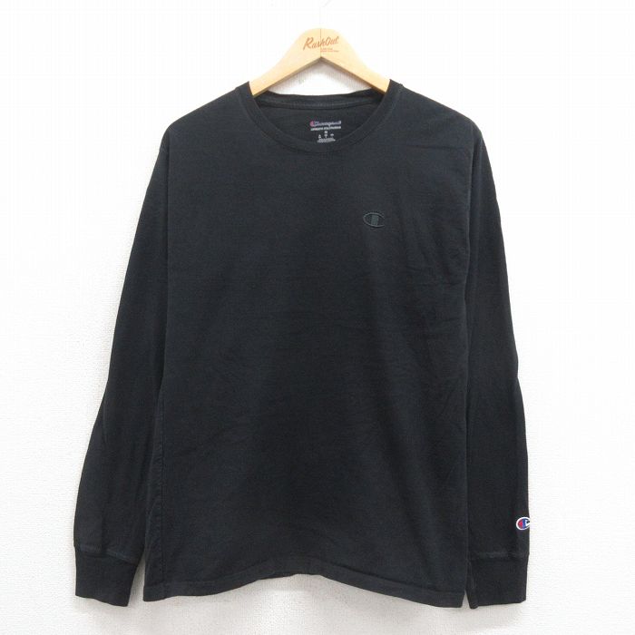 S★古着 チャンピオン Champion 長袖 Tシャツ メンズ ワンポイントロゴ コットン クルーネック 黒 ブラック 25sep04 中古