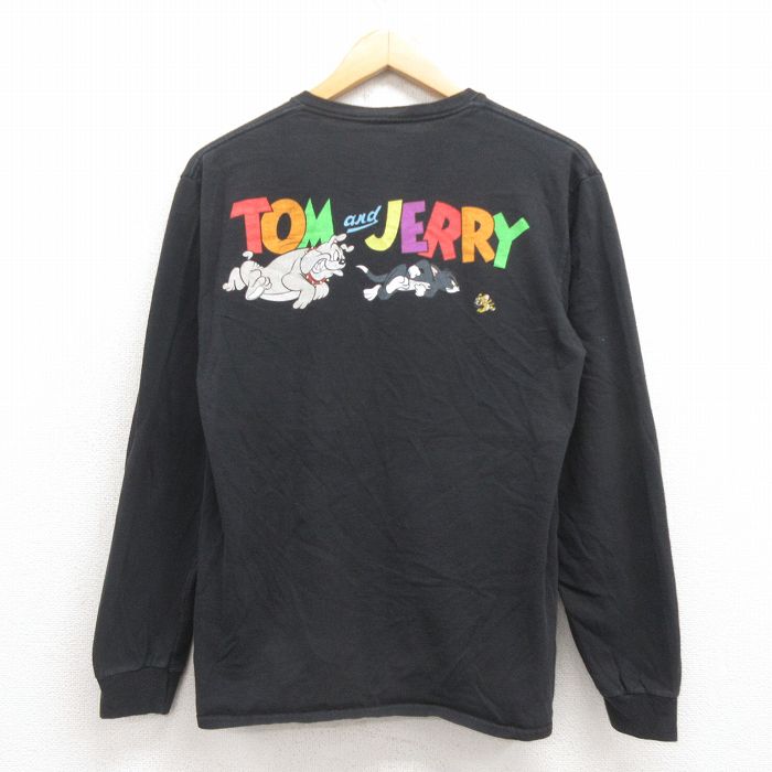 M★古着 長袖 Tシャツ メンズ アニメ　トムとジェリー コットン クルーネック 黒 ブラック 25sep04 中古