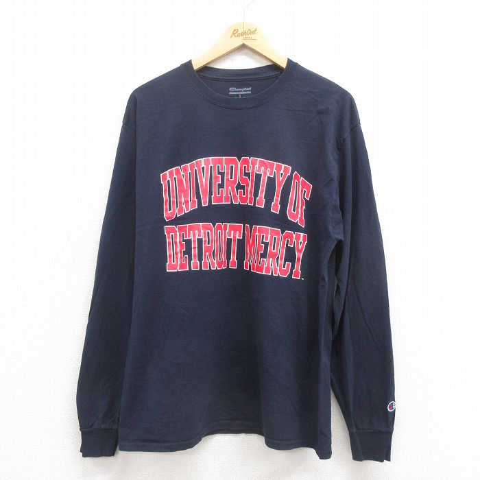 L★古着 チャンピオン Champion 長袖 Tシャツ メンズ デトロイト コットン クルーネック 紺 ネイビー 25sep04 中古