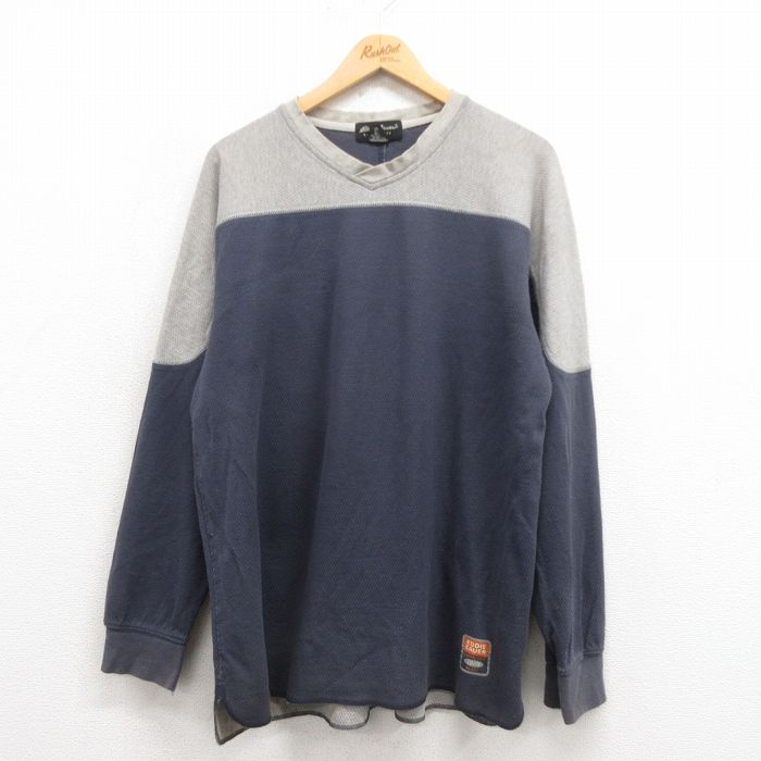 XL★古着 エディーバウアー 長袖 ビンテージ サーマル Tシャツ メンズ 00年代 00s ツートンカラー Vネック 紺 ネイビー 25sep04 中古
