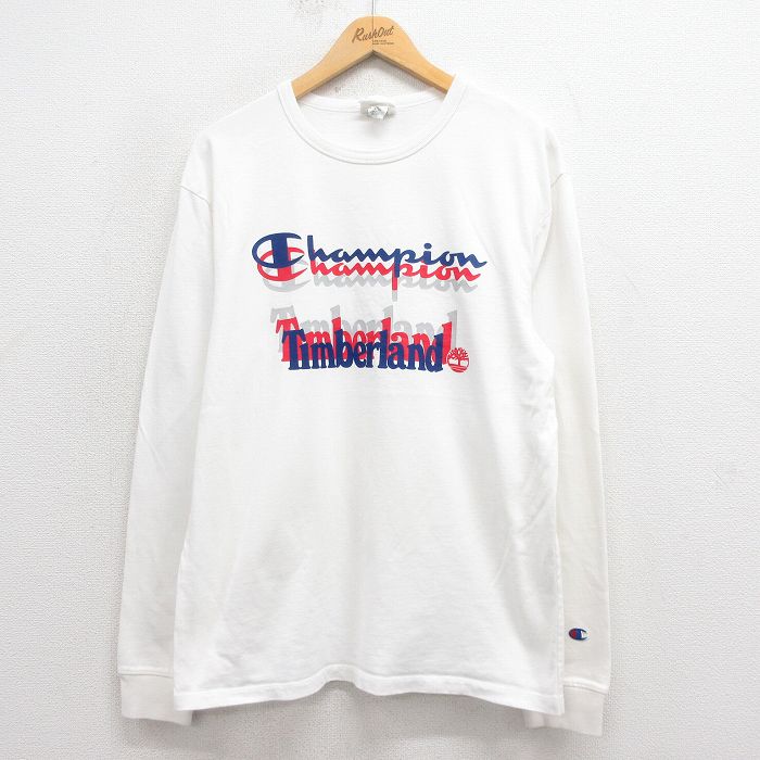 L★古着 チャンピオン champion 長袖 Tシャツ メンズ ティンバーランド ビッグロゴ コットン クルーネック 白 ホワイト 【spe】 25sep05 中古