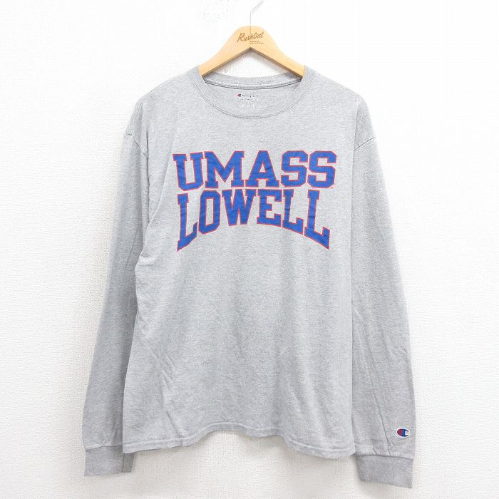 L★古着 チャンピオン champion 長袖 Tシャツ メンズ UMASS クルーネック グレー 霜降り 25sep05 中古