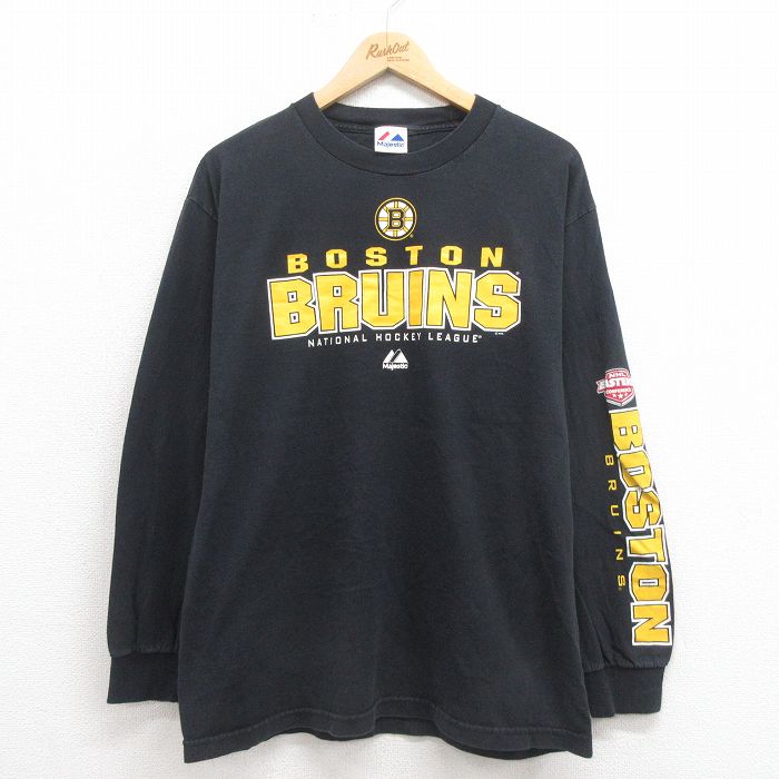 L★古着 マジェスティック 長袖 Tシャツ メンズ NHL ボストンブルーインズ コットン クルーネック 黒 ブラック アイスホッケー 25sep05 中古