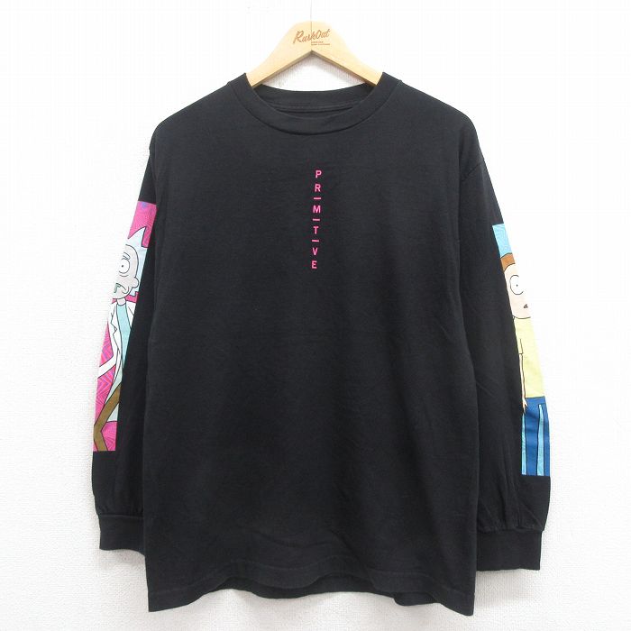M★古着 長袖 Tシャツ メンズ アニメ リックアンドモーティ コットン クルーネック 黒 ブラック 25sep05 中古