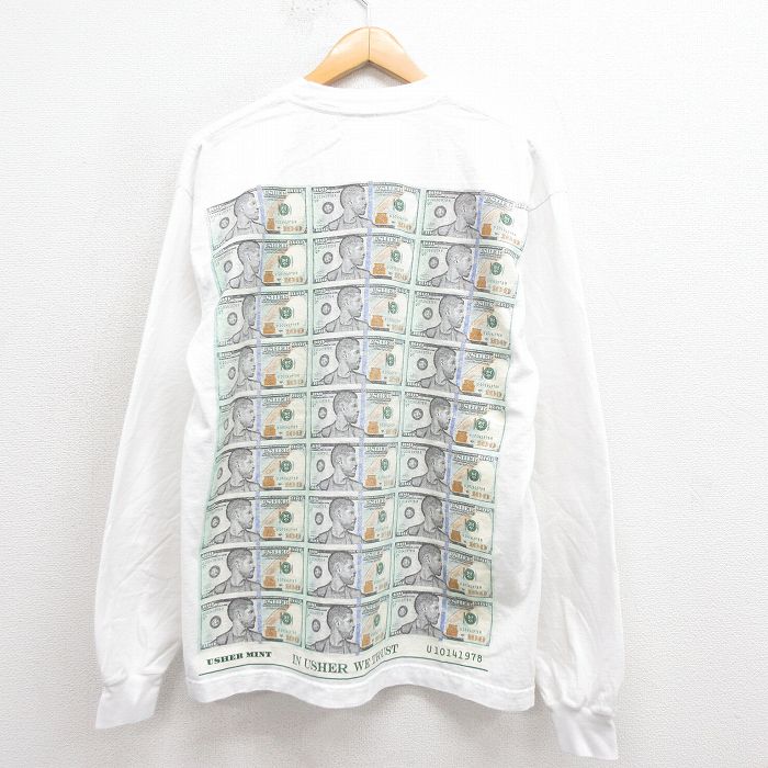L★古着 長袖 ロック バンド Tシャツ メンズ USHER MINT コットン クルーネック USA製 白 ホワイト 25sep05 中古