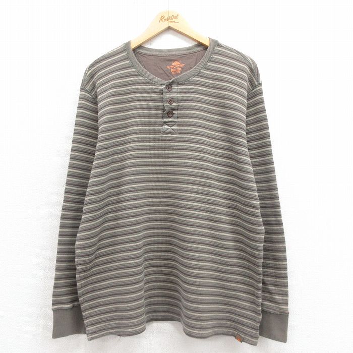 XL★古着 長袖 サーマル Tシャツ メンズ 大きいサイズ コットン クルーネック 薄緑他 グリーン ストライプ 25sep05 中古