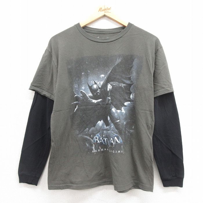 M★古着 長袖 Tシャツ メンズ バットマン BATMAN コットン クルーネック 濃緑 グリーン 25sep05 中古