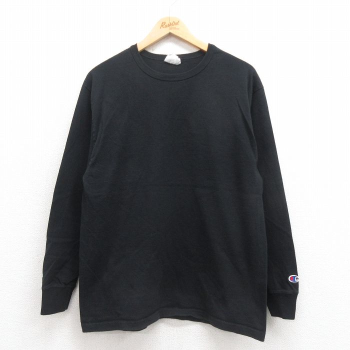L★古着 チャンピオン champion 長袖 Tシャツ メンズ ワンポイントロゴ クルーネック 黒 ブラック 25sep05 中古