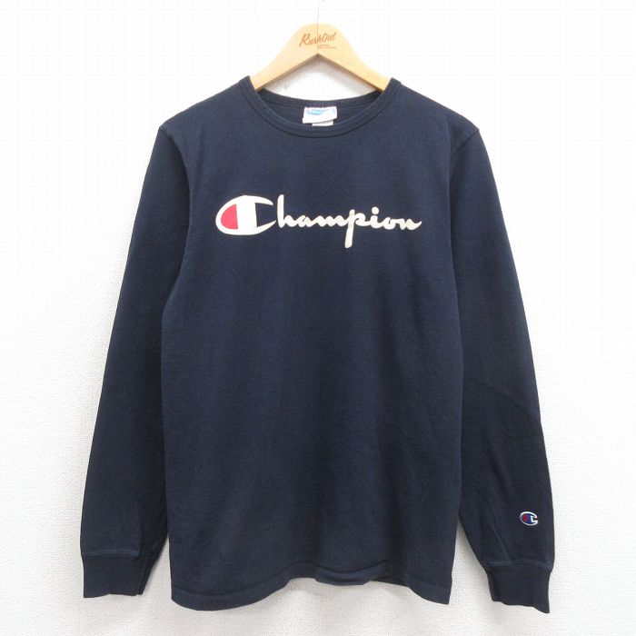 チャンピオン 長袖Tシャツ ビッグロゴフロッキープリント ネイビー M | 古着