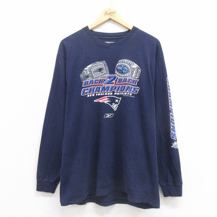 L★古着 リーボック REEBOK 長袖 Tシャツ メンズ NFL ニューイングランドペイトリオッツ コットン クルーネック 濃紺 ネイビー アメフト スーパーボウル 25sep05 中古