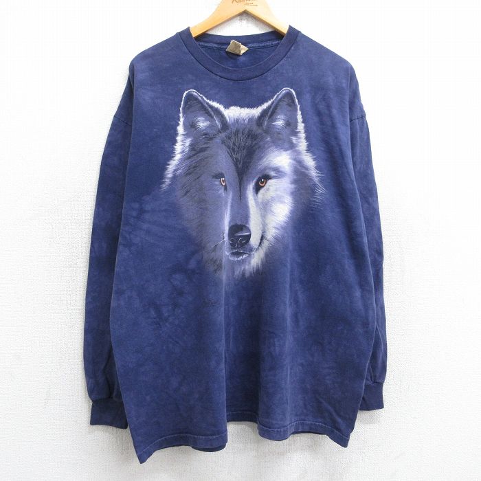 XL★古着 THE MOUNTAIN 長袖 Tシャツ メンズ オオカミ 大きいサイズ コットン クルーネック 紺他 ネイビー タイダイ 25sep17 中古