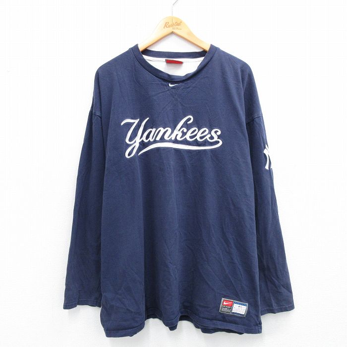 XL★古着 ナイキ NIKE 長袖 ビンテージ Tシャツ メンズ 00年代 00s MLB ニューヨークヤンキース 大きいサイズ コットン クルーネック 紺 ネイビー メジャーリーグ ベースボール 野球 【spe】 25sep24 中古