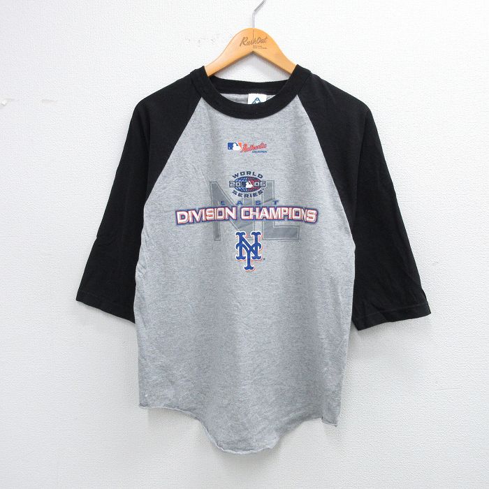 【20%OFF】M★古着 7分袖 ビンテージ Tシャツ メンズ 00年代 00s MLB ニューヨークメッツ ラグラン ツートンカラー クルーネック グレー 霜降り他 メジャーリーグ ベースボール 野球 25sep24 中古 7分丈 七分丈 七分袖