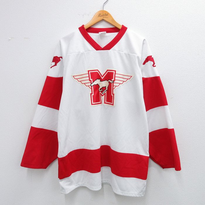 XL★古着 長袖 ビンテージ フットボール Tシャツ メンズ 80年代 80s 馬 M 羽 メッシュ地 大きいサイズ ロング丈 Vネック カナダ製 白他 ホワイト ユニフォーム ゲームシャツ 25sep24 中古