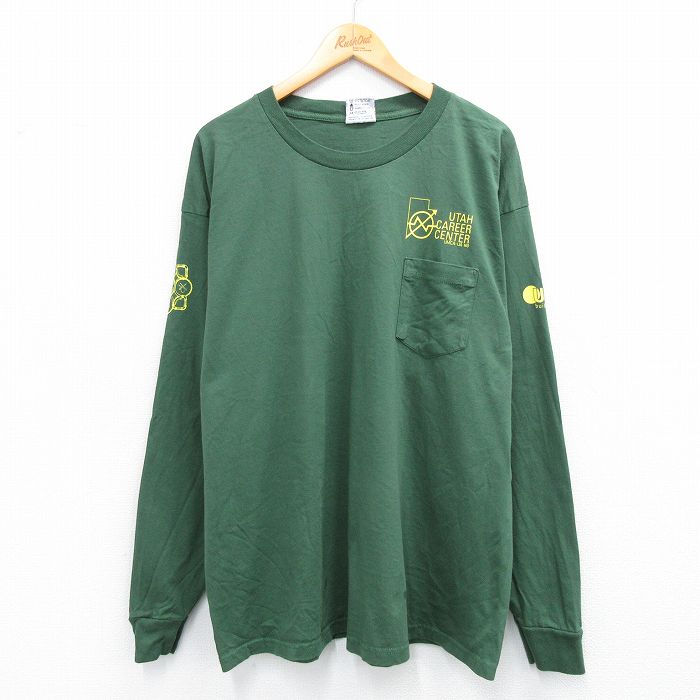 XL★古着 長袖 ビンテージ Tシャツ メンズ 00年代 00s UTAH CAREER CENTAR 胸ポケット付き 大きいサイズ コットン クルーネック USA製 緑 グリーン 25sep24 中古