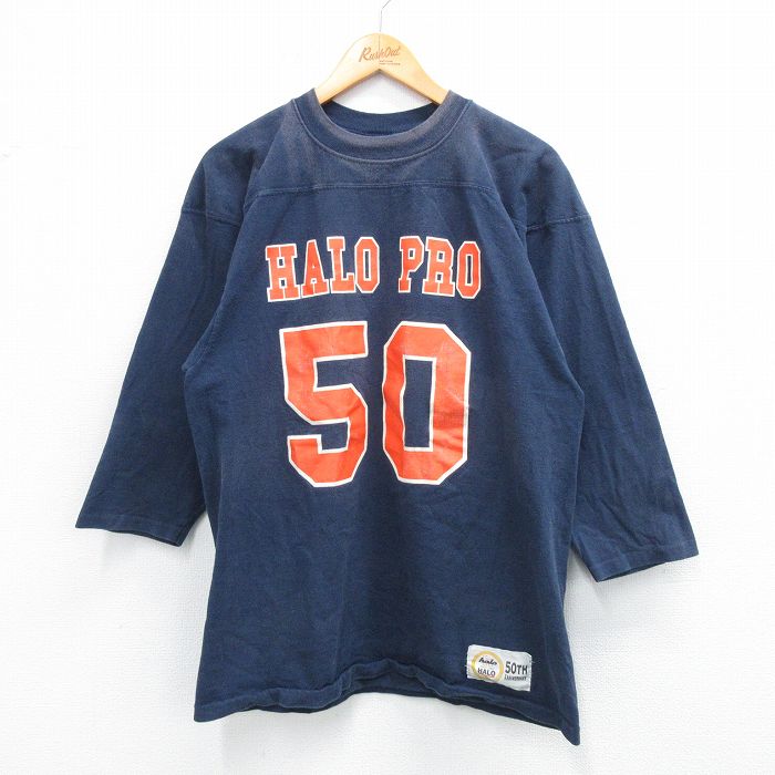 L★古着 7分袖 ビンテージ フットボール Tシャツ メンズ 90年代 90s HALO PRO 50 コットン クルーネック USA製 紺 ネイビー 25sep24 中古 7分丈 七分丈 七分袖