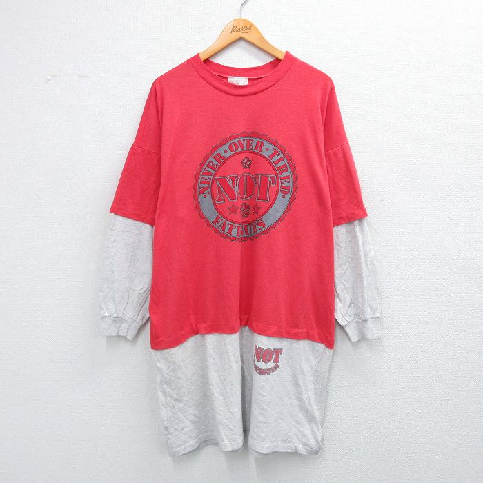 XL★古着 長袖 ビンテージ Tシャツ メンズ 80年代 80s NOT ツートンカラー 大きいサイズ ロング丈 クルーネック USA製 赤他 レッド 【spe】 25sep24 中古