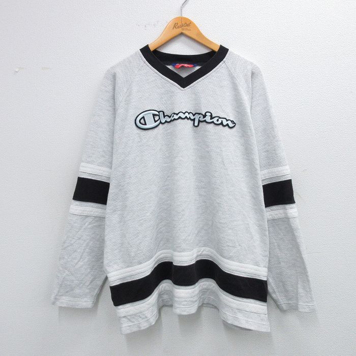 XL★古着 チャンピオン champion 長袖 ビンテージ Tシャツ メンズ 00年代 00s ビッグロゴ ラグラン 大きいサイズ Vネック 薄グレー 霜降り他 25sep24 中古
