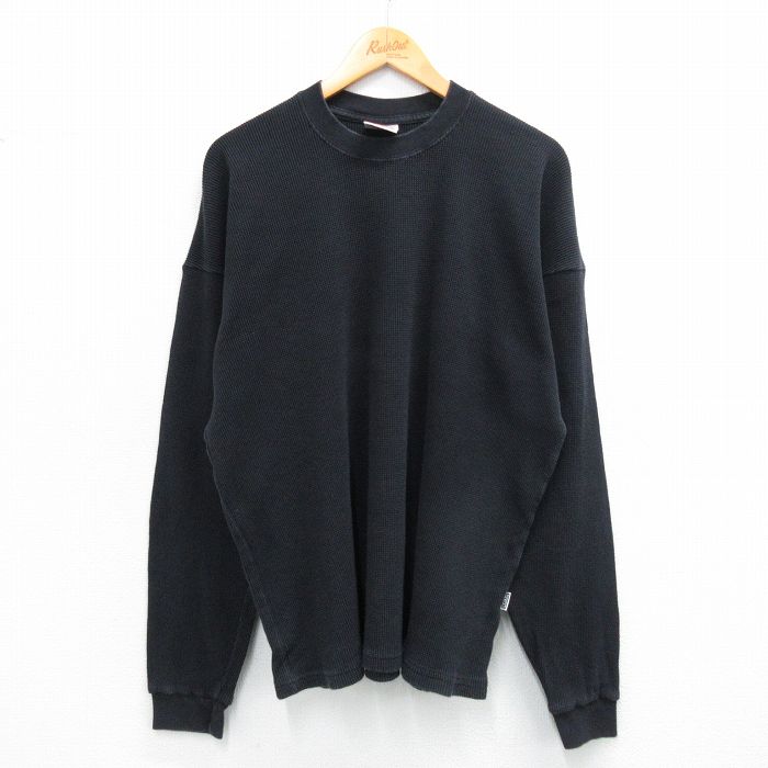 XL★古着 プロクラブ 長袖 サーマル Tシャツ メンズ 無地 大きいサイズ コットン クルーネック USA製 黒 ブラック 25sep24 中古