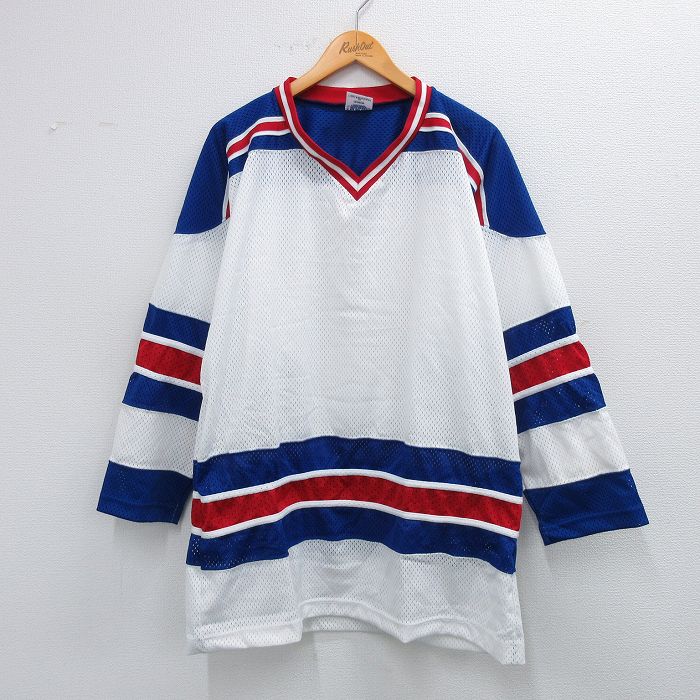 XL★古着 長袖 ビンテージ Tシャツ アイスホッケー ジャージ メンズ 90年代 90s メッシュ地 ロング丈 Vネック USA製 青他 ブルー 25sep24 中古