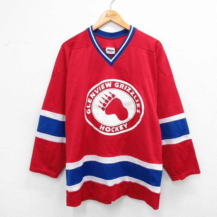 L★古着 長袖 ビンテージ Tシャツ アイスホッケー ジャージ メンズ 90年代 90s GLENVIEW メッシュ地 Vネック USA製 青他 ブルー 25sep24 中古