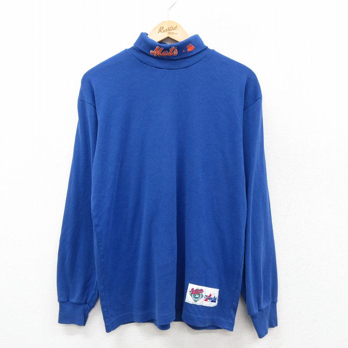 XL★古着 マジェスティック 長袖 ビンテージ Tシャツ メンズ 90年代 90s MLB ニューヨークメッツ タートルネック ハイネック USA製 青 ブルー メジャーリーグ ベースボール 野球 25sep25 中古