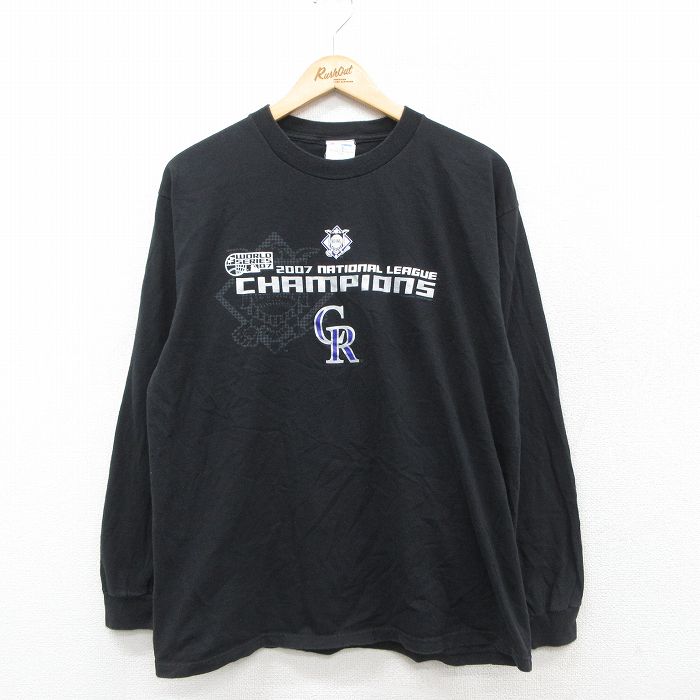 L★古着 マジェスティック 長袖 ビンテージ Tシャツ メンズ 00年代 00s MLB コロラドロッキーズ コットン クルーネック 黒 ブラック メジャーリーグ ベースボール 野球 25sep25 中古