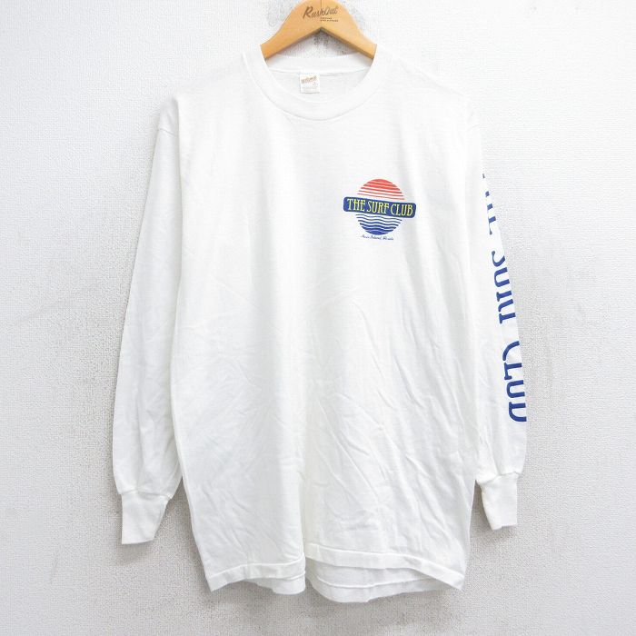 L★古着 長袖 ビンテージ Tシャツ メンズ 80年代 80s THE SURF CLUB クルーネック USA製 白 ホワイト 25sep26 中古